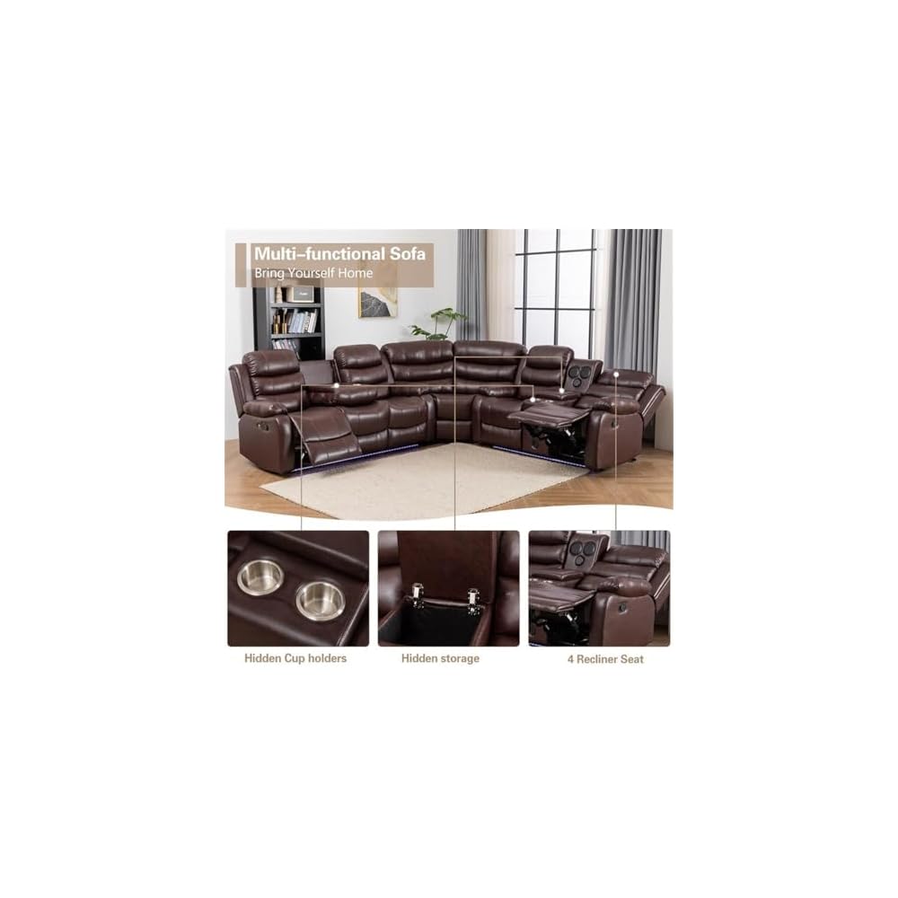 Pemberly Row Faux Leather Reclining Sectional Sofa, Brown, Modern Living Room Set with LED Lights, USB Chargers, Multifunction Sound System, Cup Holders, Hidden Storage, Durable PU Leather Upholstery