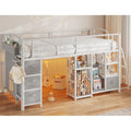 Twin Low Loft Bed, Kids Loft Bed, Storage Drawers, LED Lights, White Gray
