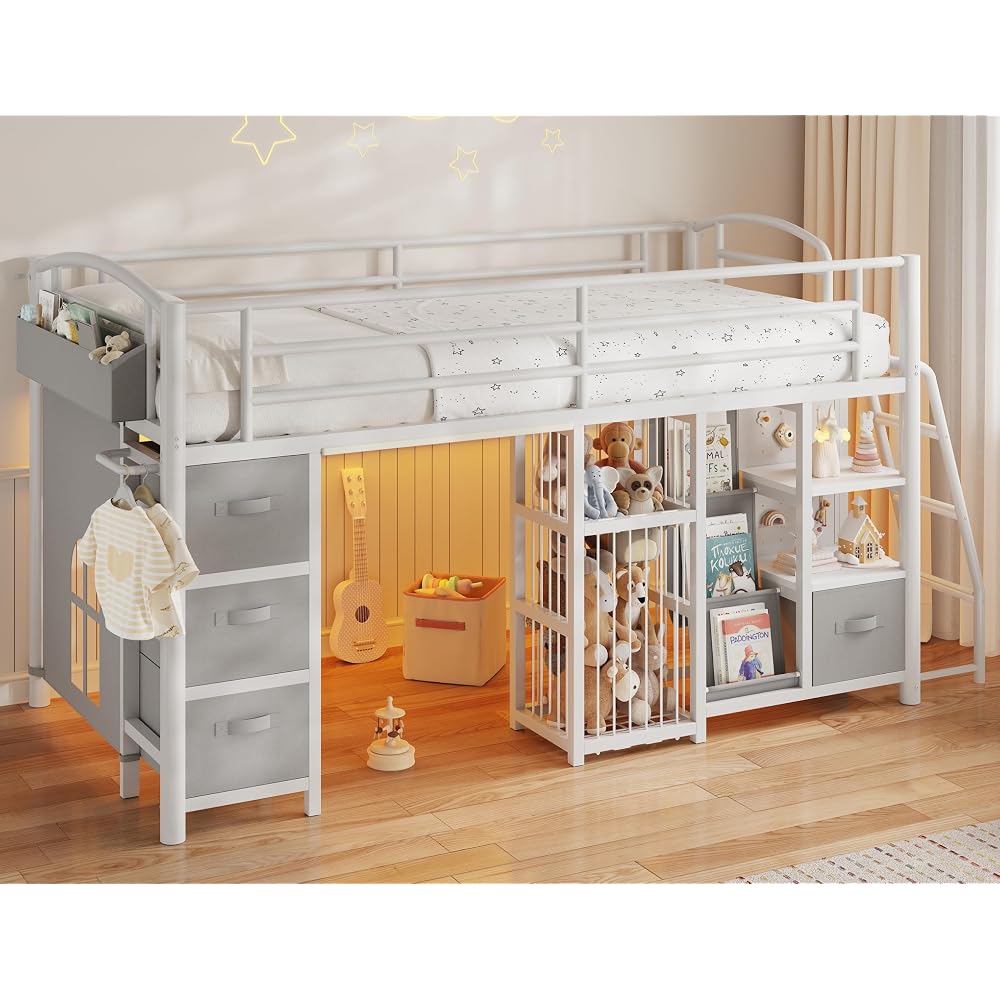 Twin Low Loft Bed, Kids Loft Bed, Storage Drawers, LED Lights, White Gray