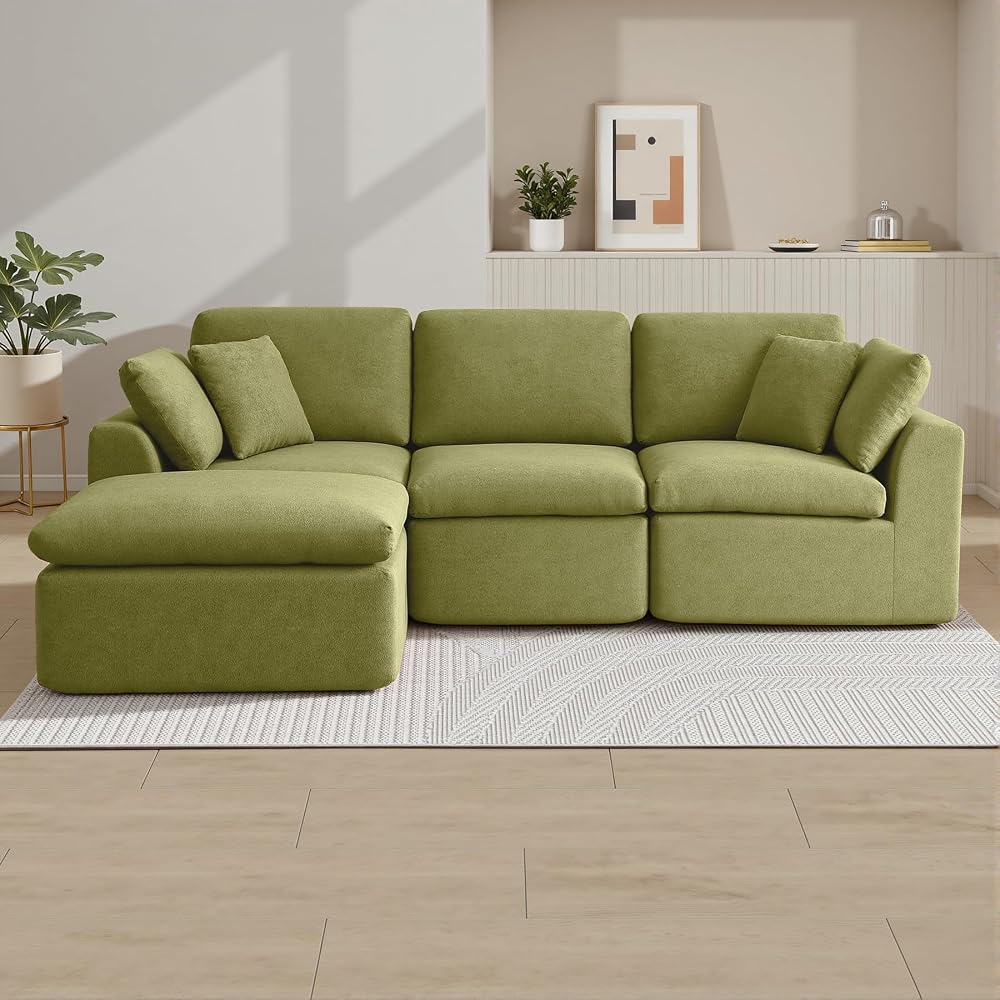 111 Inch Cloud Sectional Couch for Living Room, Modular Boneless Couch with Dual-Layer Cushion, Comfy Deep Seat L-Shaped Couch with Ottoman, Modern Chenille Sectional Sofa, No Assembly, Green