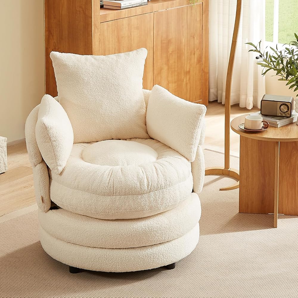Pinmoco Swivel Barrel Chair, Teddy Velvet Round Accent Chair with 360° Rotating Base, Extra Large Comfortable Living Room Reading Chair, Off-White
