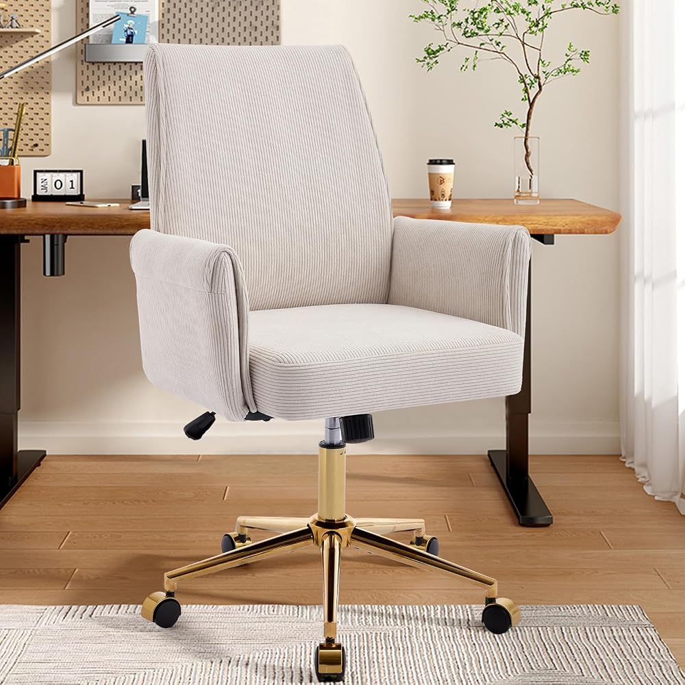 White Vanity Chair with Wheels & Gold Metal Legs, High Back Support