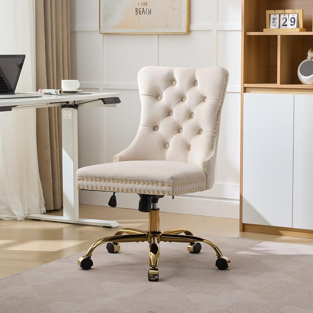 Modern Velvet Tufted Button Home Office Chair with Golden Metal Base – Luxurious Comfort, Ergonomic Design for Professionals & Students