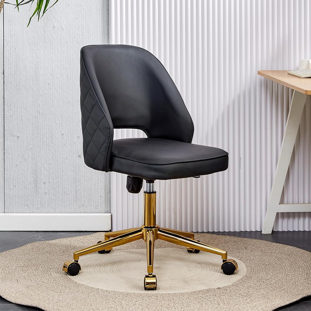 Leather Office Chair Adjustable Height Swivel Modern Home Office Chair Hollow Back Vanity Chair Desk Chair Computer Chair on Wheels Upholstered Task Chair Accent Chair Executive Chair (Black)