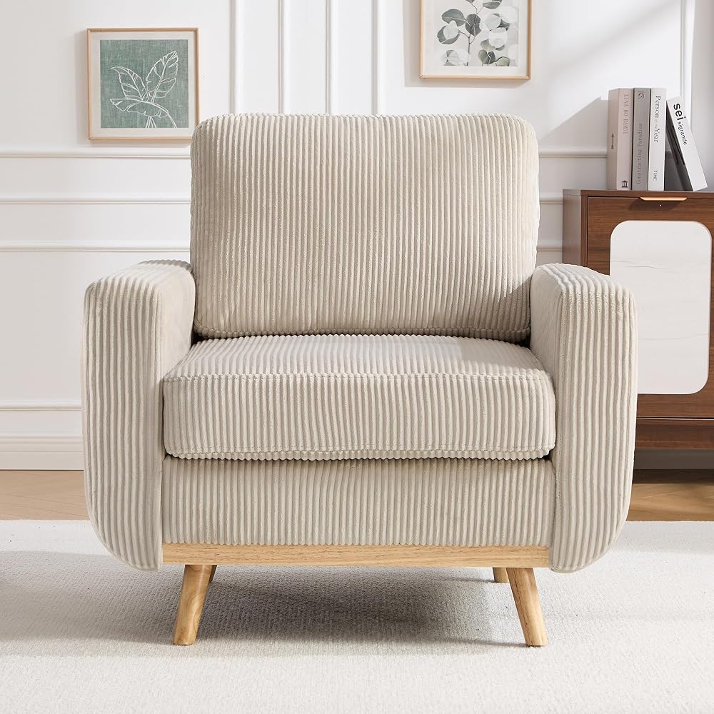 Accent Chair for Bedroom,Reading Chair with Deep Seat,Corduroy Armchair with Wood Legs, Comfy Living Room Chairs Single Sofa for Bedroom,Living Room and Apartment(Oatmeal)