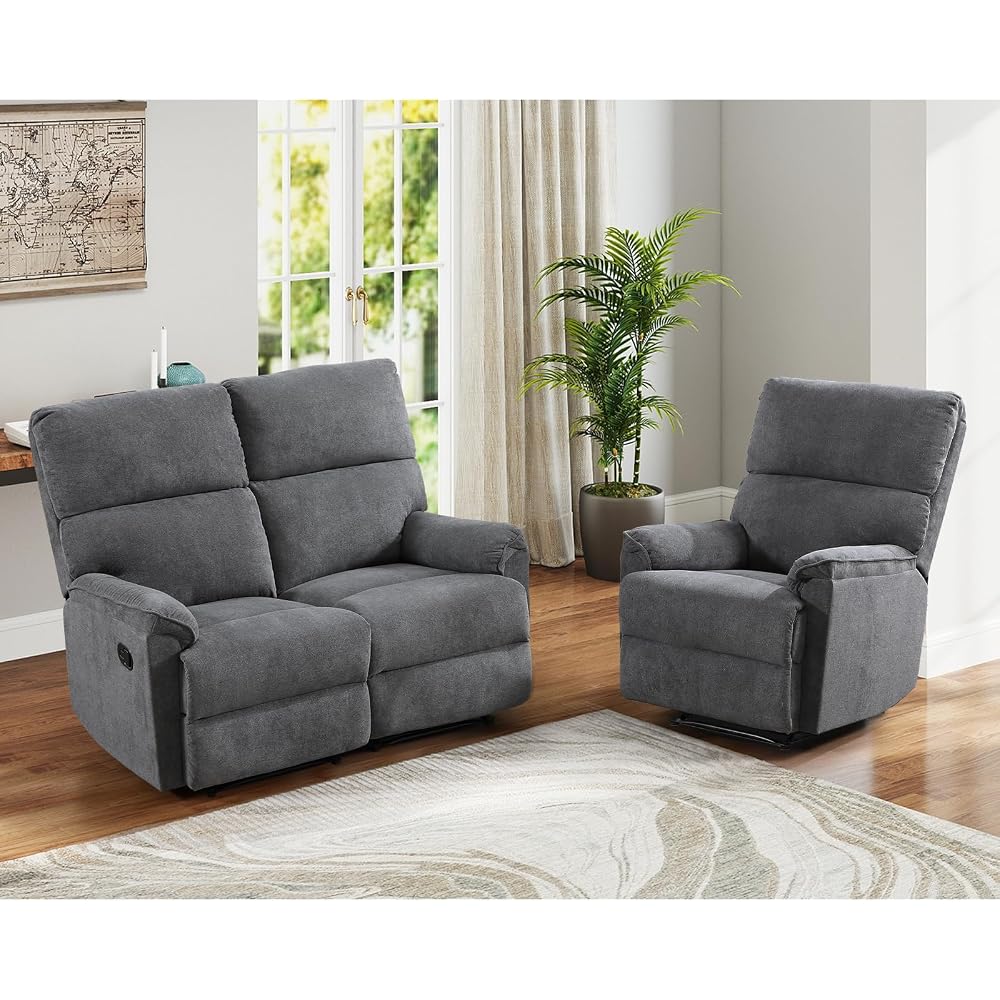 ANJ Soft Fabric Recliner Sofa Set, Single Power Reclining Chair and Manual Loveseat Reclining Sofa with Overstuffed Backrest and Armrests, 2PCS Heavy Duty Recliners for Living Room, Grey