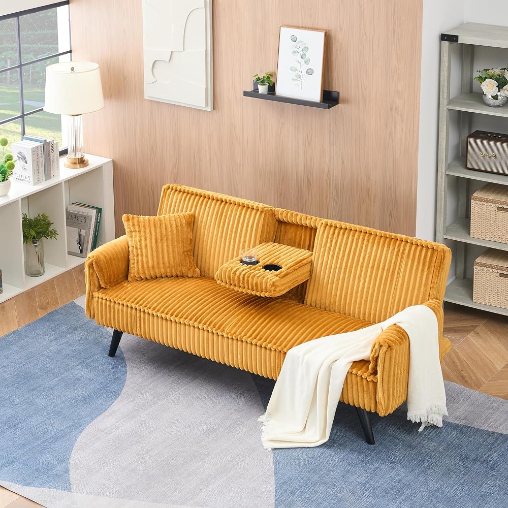 ERYE 72" Plush Corduroy Upholstered Futon Sofabed for Living Room Bedroom Studio, Modern Futon Sleeper Bed Convertible Love Seat Sofa W/Adjustable Backrest & Drop-Down Cupholders